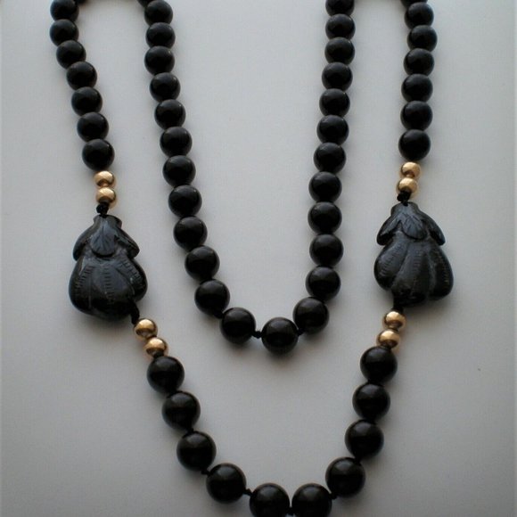 Vintage Deco Carved Black Onyx Beads Beaded Opera Length 37" NECKLACE - Picture 2 of 3